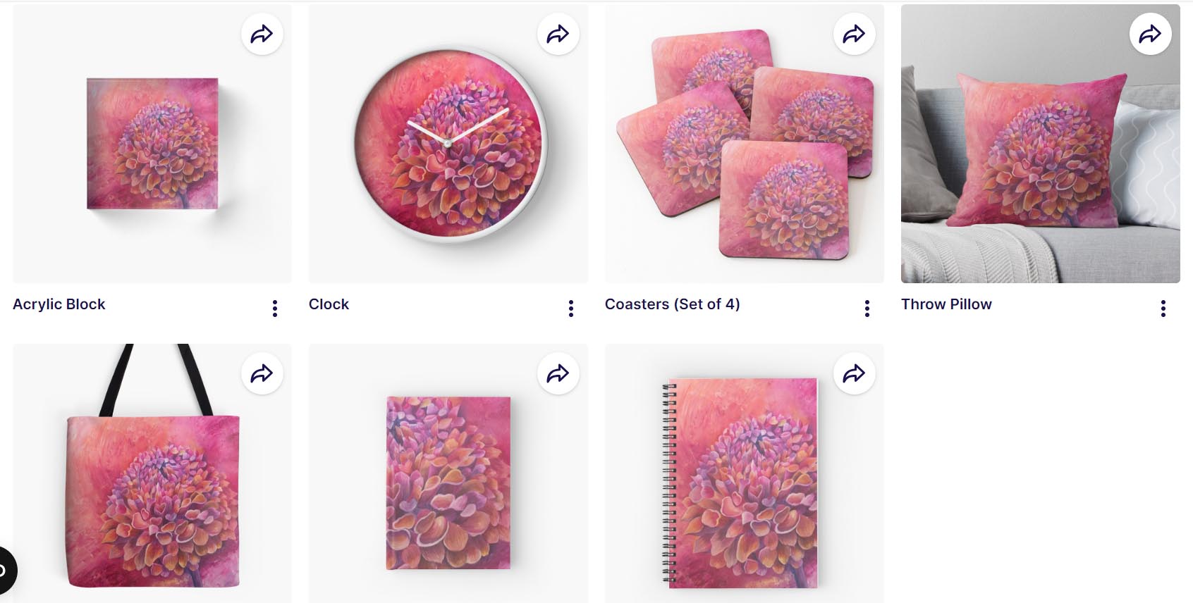dahilia design on clocks, notebooks, bags etc